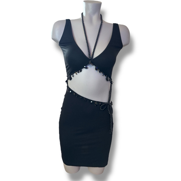 OW Collection Beaded Cut out mini Dress XS Black - Picture 1 of 6